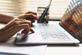 Close up woman working at home office hand Royalty Free Stock Photo