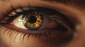 A close up of a woman& x27;s eye with an orange iris, AI