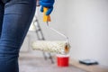 Closeup of womans hand holding paint roller, ready to paint walls of room Royalty Free Stock Photo