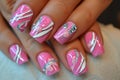 A close up of a woman& x27;s hand with pink and white nail art, AI