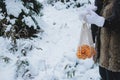 Close up of woman's hands holding a bag with mandarines, outdoors in the forest with snow Royalty Free Stock Photo