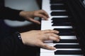 Close up of woman& x27;s hands playing piano by reading sheet music. Dark mood. Royalty Free Stock Photo