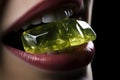 Close-up of a woman's lips with a CBD gelatin candy, a tranquil moment of cannabinoid-infused sweetness