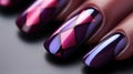 A close up of a woman's nails with purple and pink designs, AI