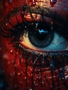 a close up of a womans eye with blood on it