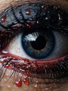 a close up of a womans eye with blood on it