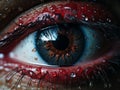 a close up of a womans eye with blood on it