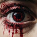 a close up of a womans eye with blood on it