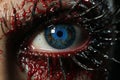 a close up of a womans eye with blood on it