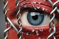 a close up of a womans eye through a chain link fence Royalty Free Stock Photo