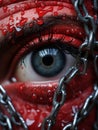 a close up of a womans eye with chains around it