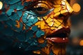 a close up of a womans face with broken pieces of paint on it
