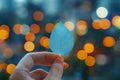 Close up Womans hand holding small blue paper with bokeh backdrop