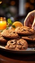 Close up Womans hand reaches for chocolate cookies, balancing them with orange juice