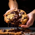 close up of a womans hands breaking a chocolate chip cookie n