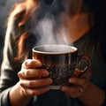 close up of a womans hands holding a cup of coffee steam risig