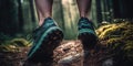 Close-up of a womans trail running shoes as she strolls down a wooded path. Generative AI Royalty Free Stock Photo