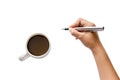 Close up of women arm writing with metallic pen. Isolated on white background Hand Holding a pen on white background coffee cup ha