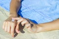 close up of women hands receiving sunblock cream Royalty Free Stock Photo