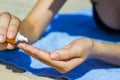 close up of women hands receiving sunblock cream Royalty Free Stock Photo