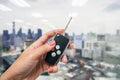 Close up women hold modern car remote control Royalty Free Stock Photo