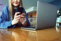 Close up of women`s hands holding cell telephone with blank copy space scree for your advertising text message or Royalty Free Stock Photo