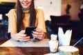 Close up of women`s hands holding cell telephone with blank copy space scree for your advertising text message or Royalty Free Stock Photo