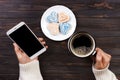 Close up of women's hands holding cell telephone with blank copy space scree for your advertising text message or promotional Royalty Free Stock Photo