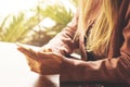 Close up of women`s hands holding cell telephone with blank copy space scree for your advertising text message or promotional Royalty Free Stock Photo