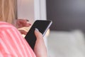 Close up of women`s hands holding cell telephone with blank copy Royalty Free Stock Photo