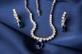 Close-up of women`s platinum necklace and earrings