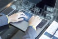 Close-up women working on laptop computer on a table in office with internet of things icon connection on virtual screen ,Concept Royalty Free Stock Photo