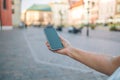 Close up of women& x27;s hands holding cell telephone with blank copy space scree for your advertising text message or Royalty Free Stock Photo