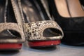 A close up of a women's shoe, snake leather peep toe and black suede pumps Royalty Free Stock Photo