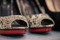 A close up of a women's shoe, snake leather peep toe and black suede pumps Royalty Free Stock Photo