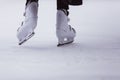 close-up of womens legs on skates in winter on an open skating rink, place for text