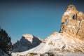 Close up of wonderful snowy rocky mountain tre cime di lavaredo, view from monte piana, dolomites, italy