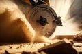 Close up wood circular saw sawing wood with flying chips and dust in warm light