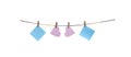 Wood clothes peg with two blank pink paper in heart shaped and two blank blue paper hanging on string isolated on white background Royalty Free Stock Photo