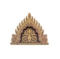 Wood gable temple with gold engraving patterns on entrance arches door isolated on white background , clipping path