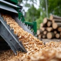 Close-up of a woodchipper processing logs into chips. Royalty Free Stock Photo