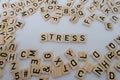 close-up wooden alphabet blocks on white background, word stress, concept transient negative emotional state, nervous system