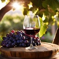 Close-up of a wooden barrel with a full glass of red wine and grapes. Ai-generated. Royalty Free Stock Photo