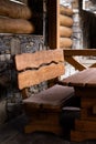 A close up of a wooden bench in the park. close up texture fragment of the wooden bench in the park in fall,top view, diagonal Royalty Free Stock Photo