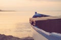 Close Up Of Wooden Blue Boat On The Beach. Vintage Filter Looking Royalty Free Stock Photo