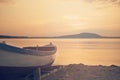 Close Up Of Wooden Blue Boat On The Beach. Vintage Filter Looking Royalty Free Stock Photo