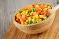 Close up of a wooden bowl of delicious mixed vegetables