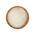 Close up wooden bowl full of white salt isolated