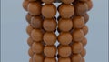 Close up of wooden brown sphere falling inside the falling apart figure of small balls. Design. Shape of balls