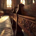 Close-up of a wooden church pew generated by artificial intelligence